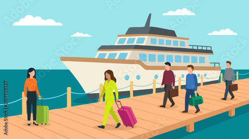 Fotografie Travelers with luggage walking on a wooden pier near a large yacht