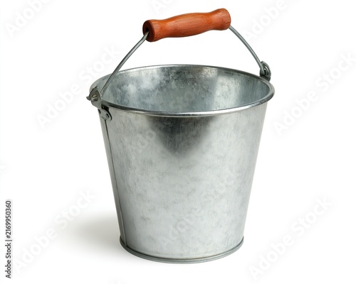 Metal bucket with wooden handle, silver in color.