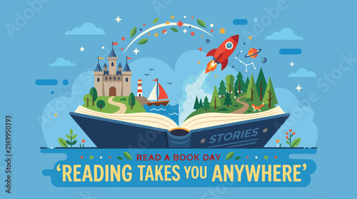 Magical open storybook with popup castle rocket ship and sailboat in dreamy bright sky colors with vector illustration for Read a Book Day literacy poster