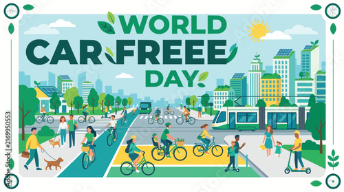 Bustling green city street with bicycle commuters modern tram and pedestrians in bright cheerful sunshine with flat vector art for World Car Free Day campaign
