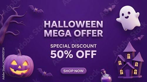 Halloween mega offer 50% off banner with 3d pumpkin, ghost, haunted house, and bats