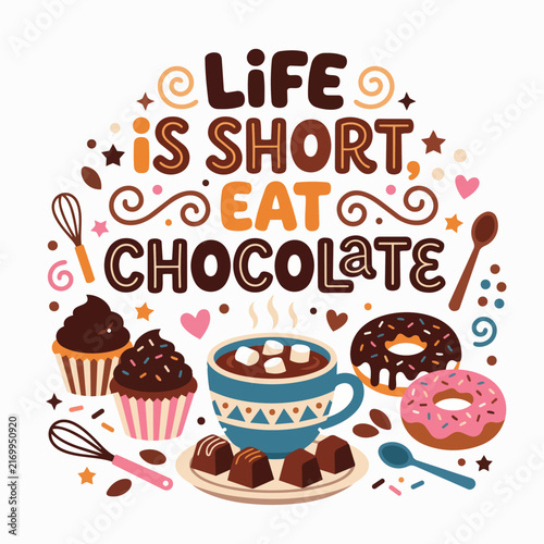 Decadent chocolate desserts with hot cocoa mug and glazed donuts in warm indulgent tones with playful flat vector graphics for bakery menu signage