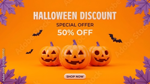 Halloween sale banner with pumpkins, bats, and purple leaves on orange background