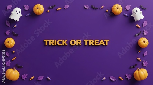 Halloween background with pumpkins, ghosts, and bats on purple