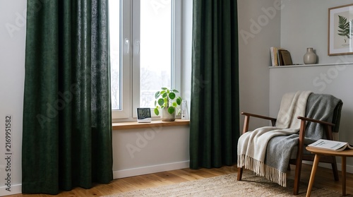 Cozy living room corner with armchair blanket and window with dark green curtains ai generated