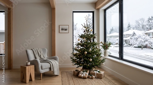 Cozy Living Room with Christmas Tree and Snowy Window View ai generated