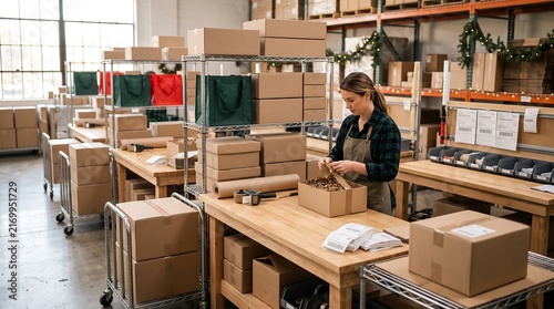 Woman packing boxes in a warehouse with shelves of goods and Christmas decorations ai generated