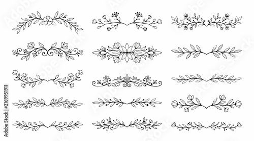 Set of hand-drawn floral dividers and botanical borders for elegant stationary and invitation design.