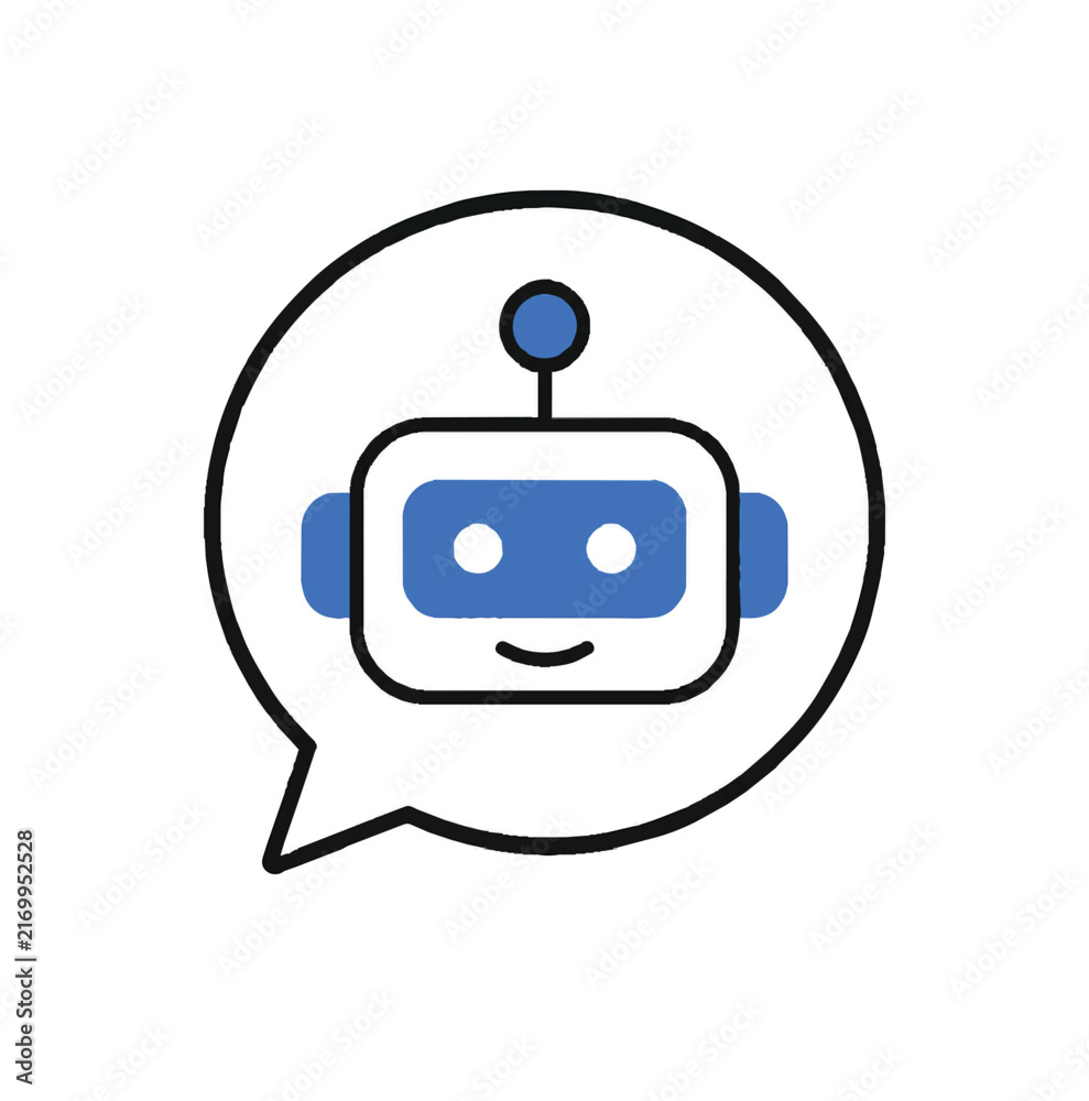 Naklejka premium Cute blue robot face in speech bubble representing artificial intelligence and chat support with robot icon AI bot customer service machine learning virtual assistant