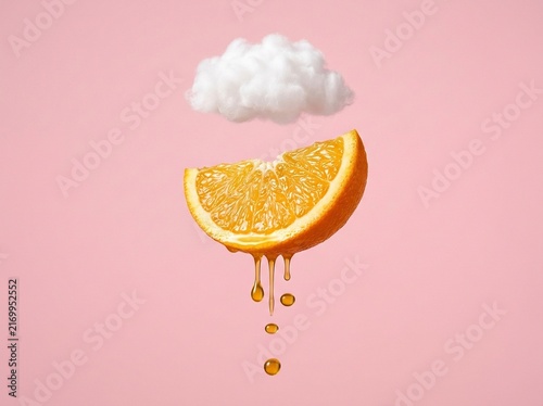 A surreal conceptual image of an orange slice floating under a small white fluffy cloud with juice dripping down against a soft pink background