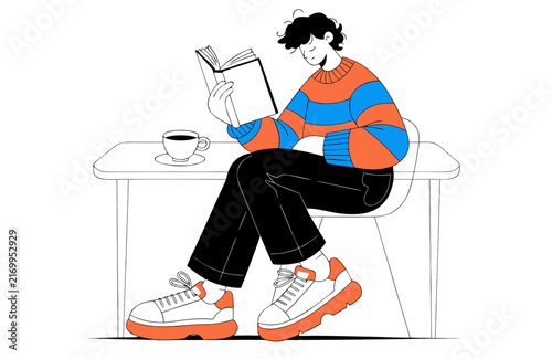 Digital illustration of a young man sitting at a desk reading a book with a coffee cup in a modern flat art style