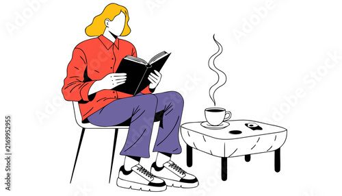Woman sitting in a chair reading a book with a steaming cup of coffee on a table, flat vector illustration