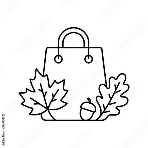 Autumn harvest shopping bag with maple oak leaves and acorn line icon.
