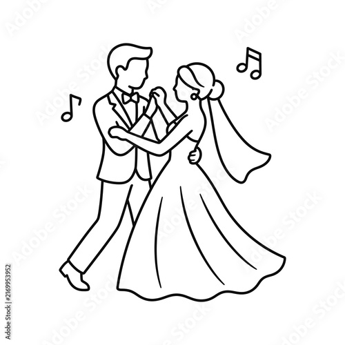 Bride and groom dancing at wedding reception with musical notes in style.