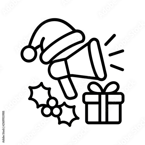 Christmas megaphone announcement with gift, hat and holly.