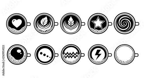 Top view coffee cup icons with diverse foam art patterns including heart star leaf lightning and swirl designs for cafe menu layout and barista competition