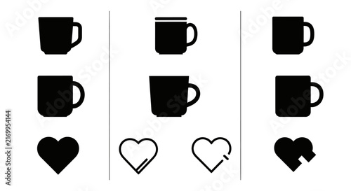 collection of solid silhouette icons representing cups and hearts in various styles for drink and love related designs
