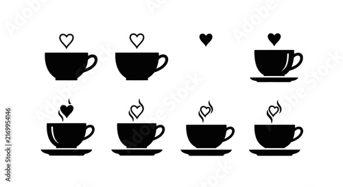 Collection of simple coffee cup and saucer icons with heart steam variations for minimalist branding cafe signage and web interface design elements on white