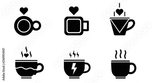 Six distinct black icons for coffee or tea cups including top view shapes steam energy bolt and falling heart elements