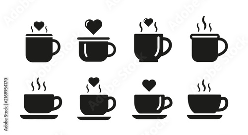 Collection of eight black silhouette icons depicting hot coffee or tea mugs with steam and heart symbols for love and warmth