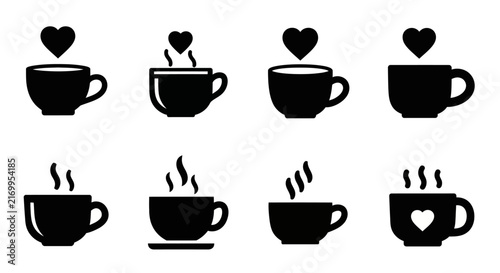 Eight black vector icons of steaming hot beverage mugs featuring various heart symbols indicating warmth love and affection in drinks