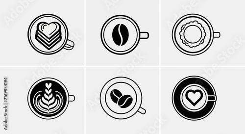 Six overhead vector graphics of coffee cups displaying decorative latte art foam patterns coffee beans or a central heart design