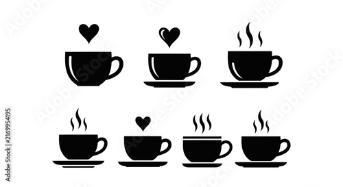 Coffee cup icons with heart symbols and steam lines vector illustration set of black silhouette mugs for cafe menu branding morning drink design isolated white