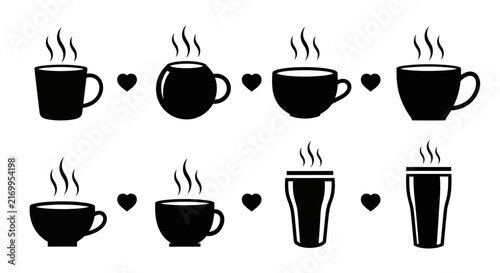 Mug and glass silhouettes with heart shapes and steam symbols vector set of black beverage containers for cafe branding and menu design isolated on white