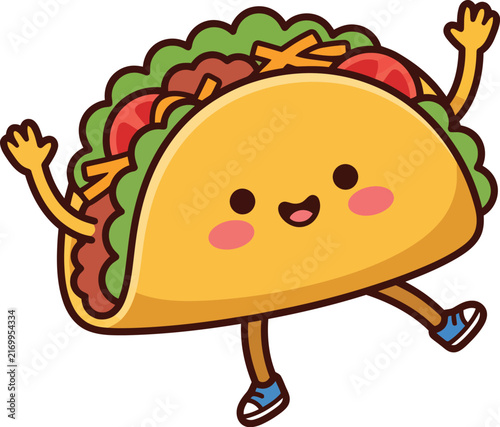 Cute cartoon taco character waving with arms and legs isolated on transparent background