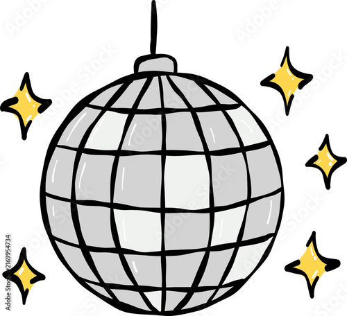 Cute Hand Drawn Disco Mirror Ball Vector. Pastel Gray Shimmering Dance Floor Sphere Clipart with Sparkles. Whimsical Kawaii Holiday Celebration Clip Art Isolated Graphic Design Element.
