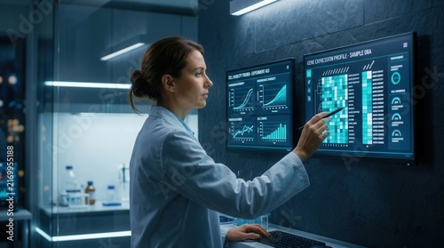 Scientist Analyzing Gene Expression Data On Futuristic Lab Monitors