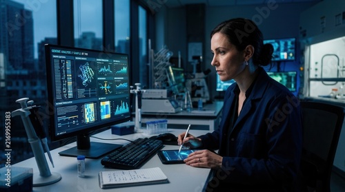 Scientist Analyzing Genetic Data On Computer Screen
