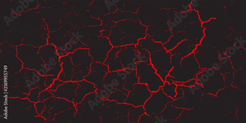 Red cracked ground pattern texture on black background, abstract lava or lightning fissure, vector illustration.