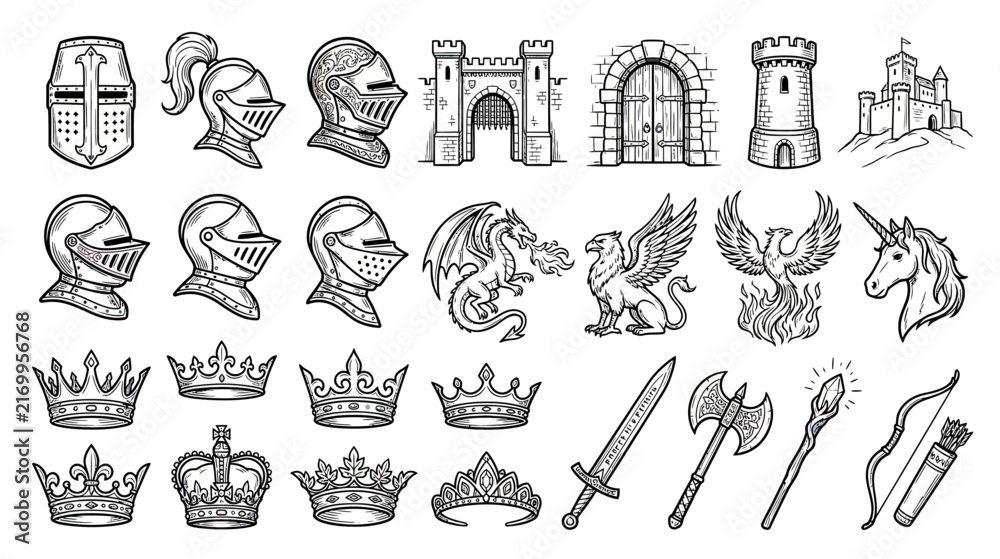 Fototapeta premium Medieval Fantasy Icons: Knights, Dragons, Castles, Crowns