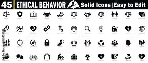 Картината върху платно Ethical behavior solid icon collection: black silhouettes on a transparent background representing moral values