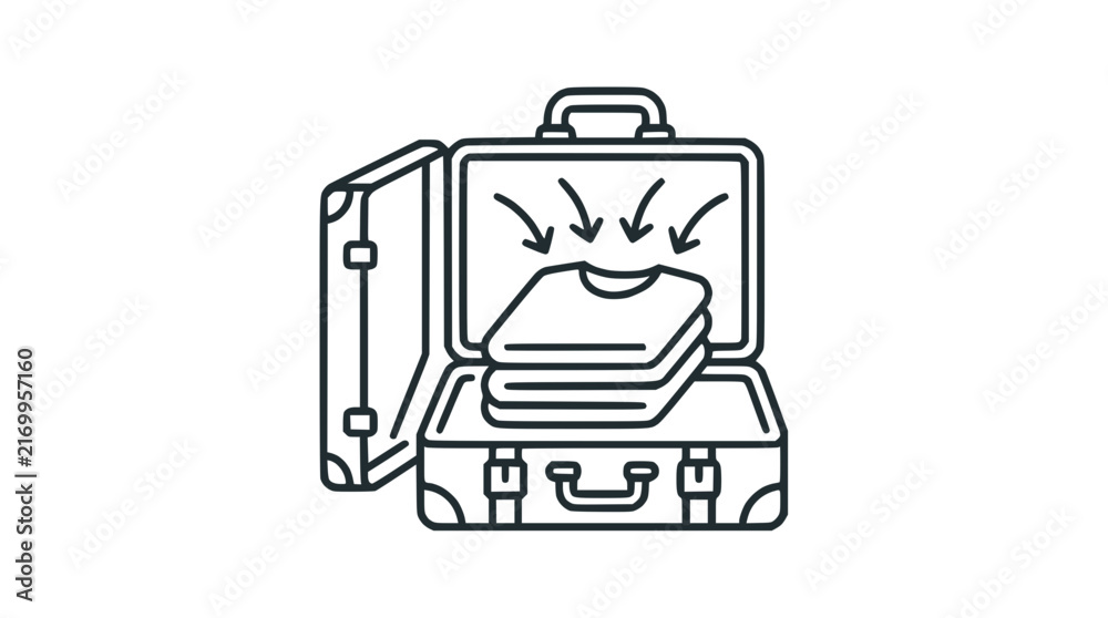 Fototapeta premium Minimalist Line Art Illustration of an Open Travel Suitcase with Packed Clothes