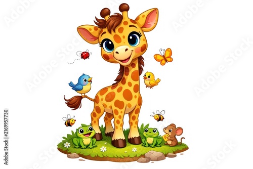 Adorable giraffe with animal friends.