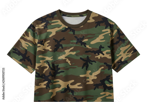Green camouflage print t-shirt for men and women isolated on transparent background