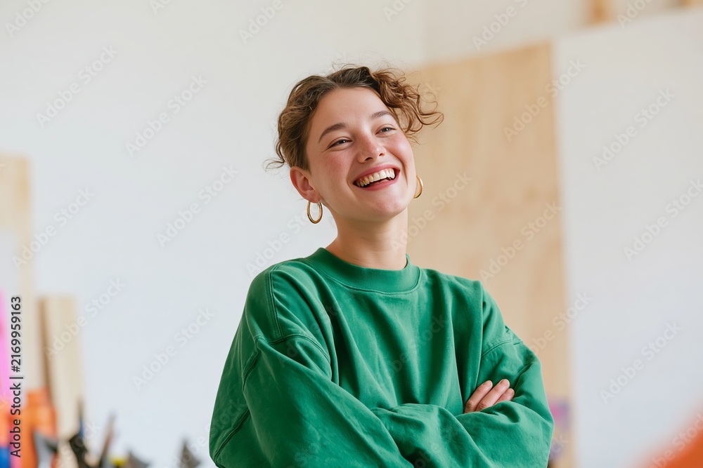 Obraz premium Young entrepreneur in green sweatshirt smiling with arms crossed, standing in a creative workspace filled with art supplies and colorful materials in the background