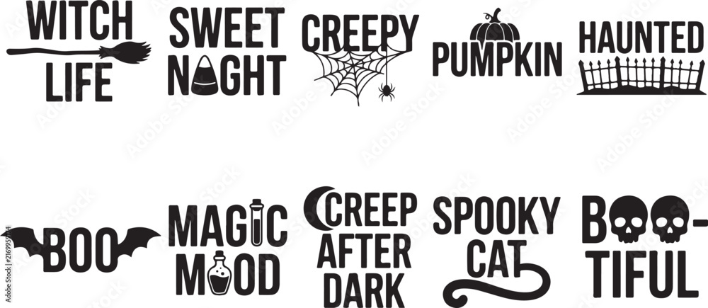 Obraz premium Set of ten black halloween themed typography featuring like a broom, candy corn, spider web, pumpkin, cemetery fence, bat, potion bottles, crescent moon, and skulls