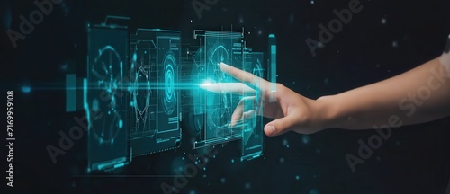 Naklejka Cognitive Touch Interface – Human hand interacting with an advanced glowing digital interface, representing artificial intelligence, intuitive technology and futuristic human computer interaction.