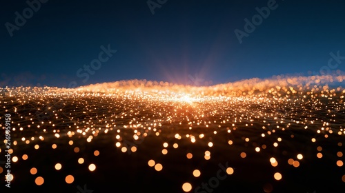 Abstract conceptual image of many small glowing nodes creating a luminous landscape against a dark background with a radiant light source in the distance