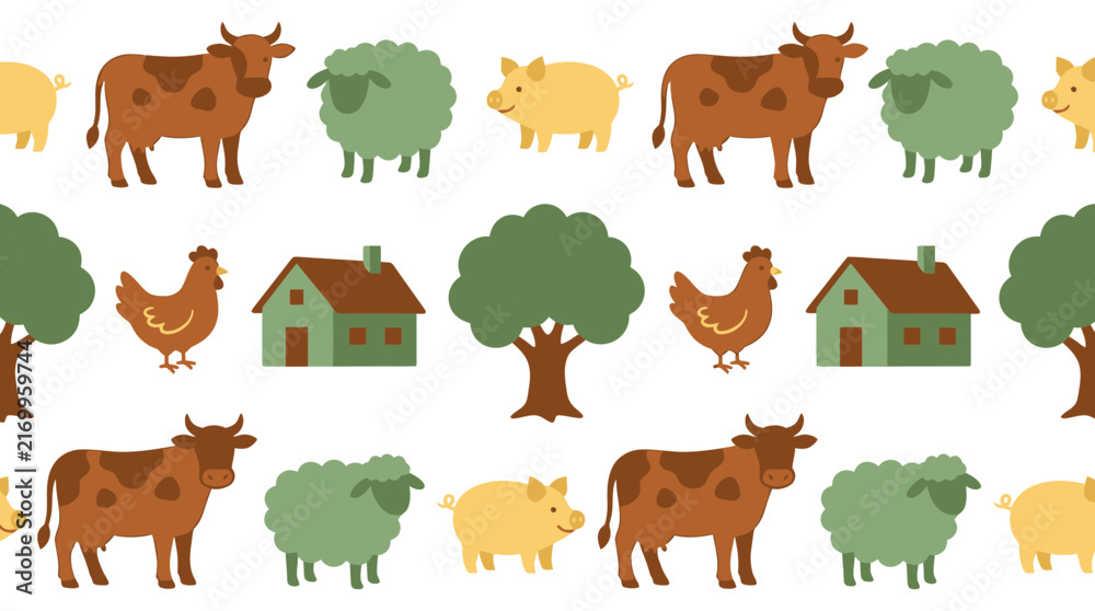 Fototapeta premium Seamless farm pattern vector illustration with cartoon cow sheep pig chicken house and tree for textile and wallpaper
