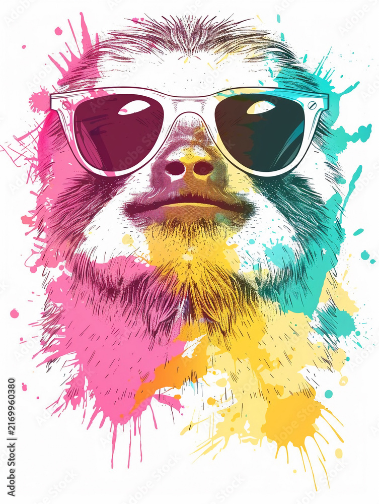Naklejka premium Colorful sloth wearing sunglasses with paint splashes in background