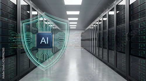 Naklejka AI Microchip with Glowing Security Shield in Server Data Center