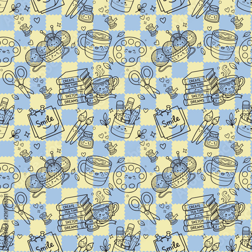 Cute blue cream art supplies seamless pattern with yarn coffee books paint brushes scissors and craft icons