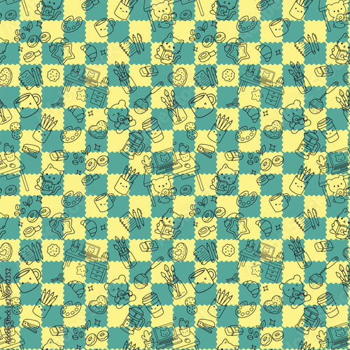 Teal Yellow Cute Study Pattern With Cats Bears Coffee Art Supplies Laptop Notebook And Creative Desk