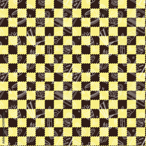 Yellow Brown Checkerboard Study Pattern With Tea Laptop Notebook Pencils Plants And Art Supplies Fun