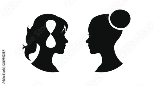 Two abstract female profiles face each other, with one silhouette featuring an infinity symbol within her head, representing endless possibilities, continuous thought, or profound connection against.