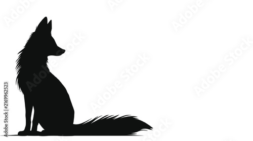 Fox silhouette sits calmly, looking to the right with its bushy tail extended, presented as a minimalist graphic illustration on a clean white background.